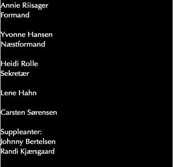 Annie Riisager Formand Yvonne Hansen Næstformand Heidi Rolle Sekretær Lene Hahn Carsten Sørensen Suppleanter: Johnny Bertelsen Randi Kjærsgaard 